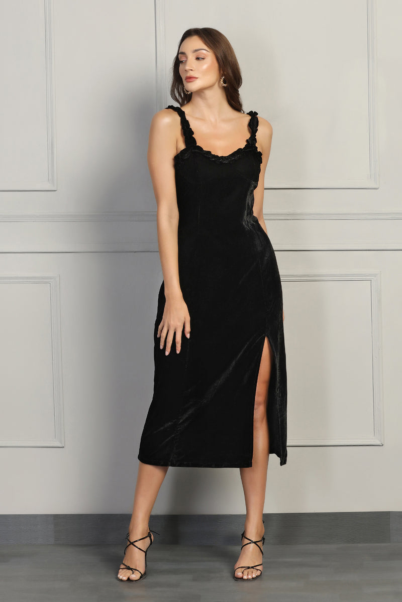 Velvet Frill Dress - Black - Starin