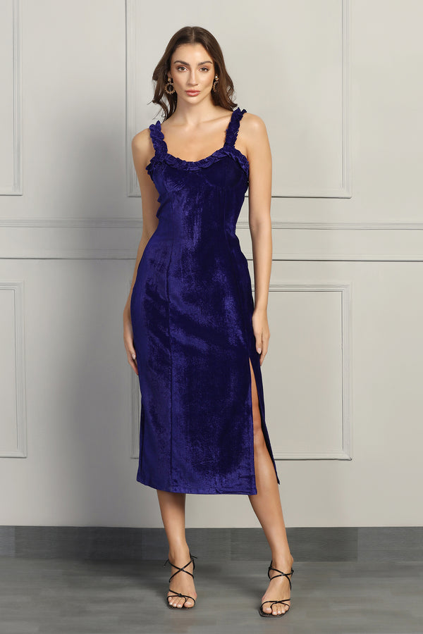 Velvet Frill Dress - Royal Blue - Starin