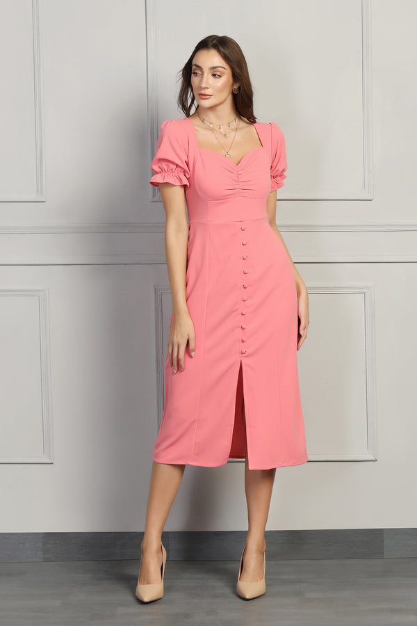 Sweetheart Buttoned Dress - Pink