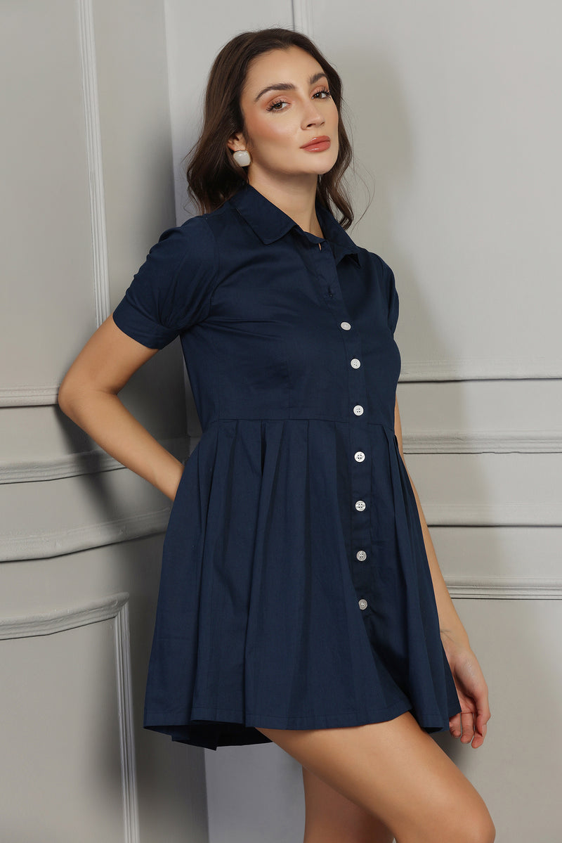 Flare Button-Up Mini Shirt Dress : Navy Blue - Starin