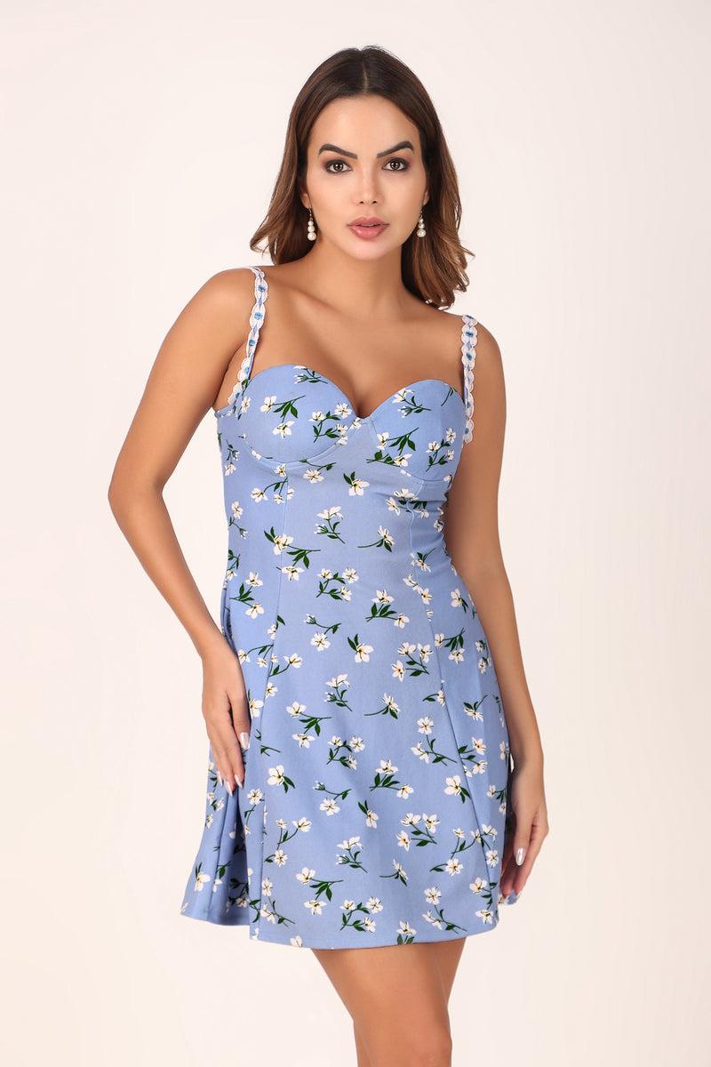 Floral Lace Cupped Dress - Blue - Starin
