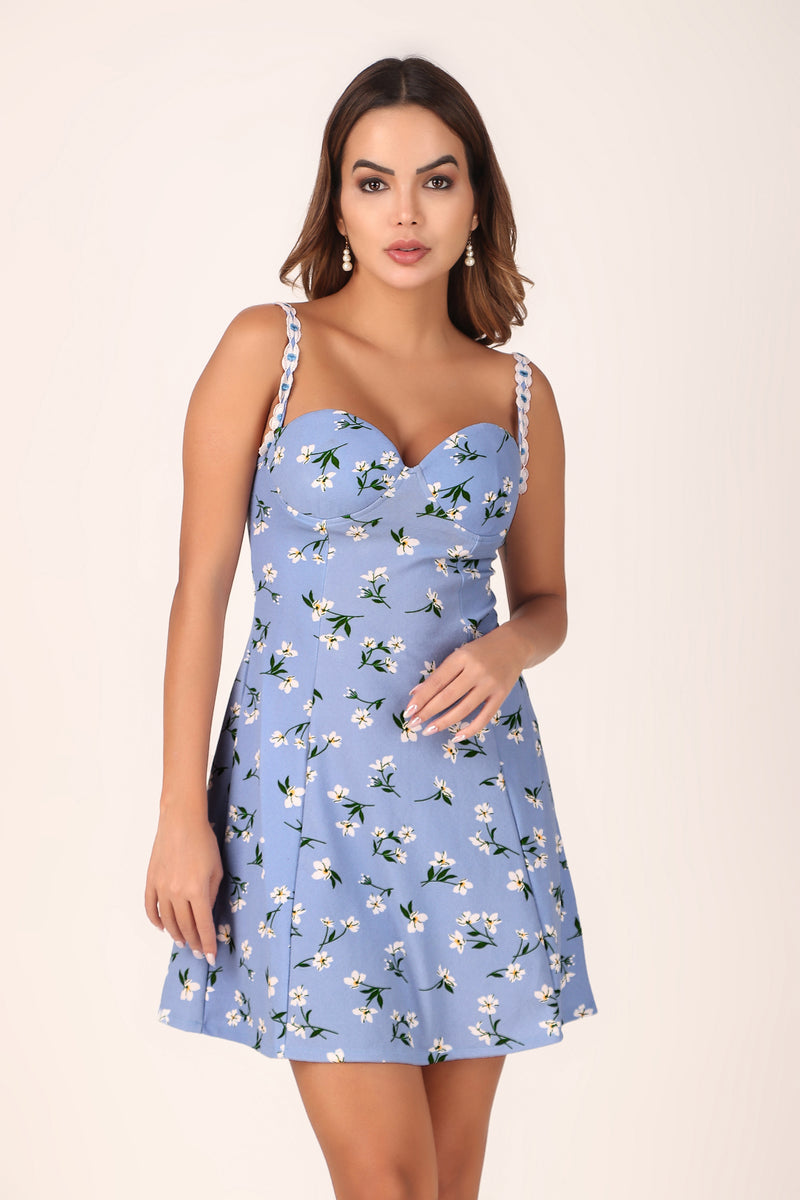 Floral Lace Cupped Dress - Blue - Starin