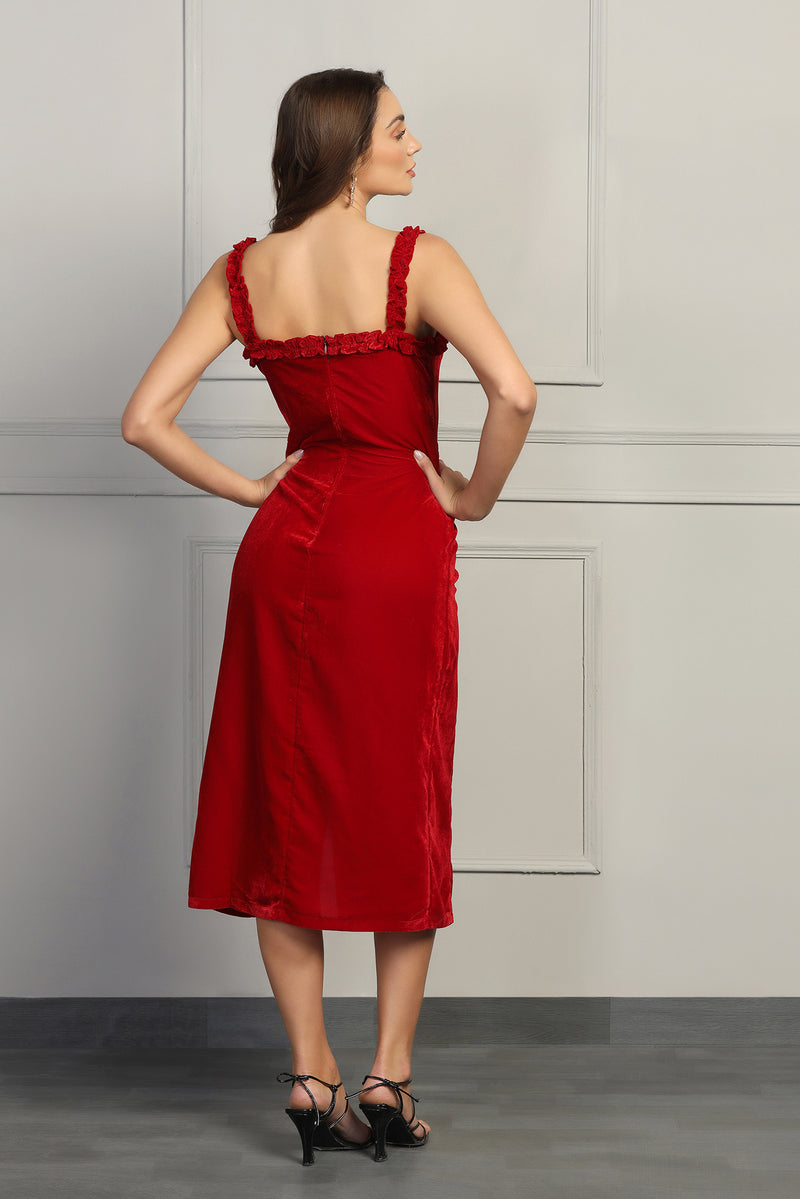 Velvet Frill Dress - Red - Starin