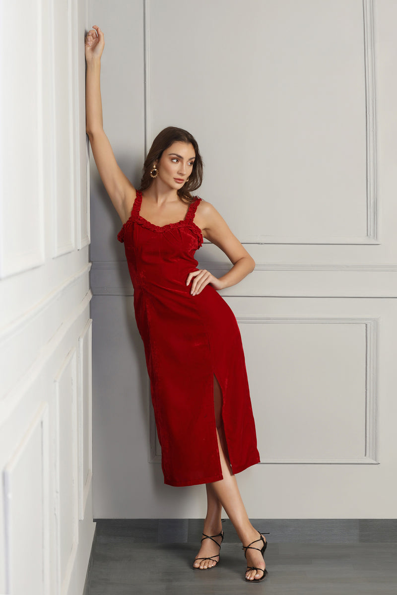 Velvet Frill Dress - Red - Starin