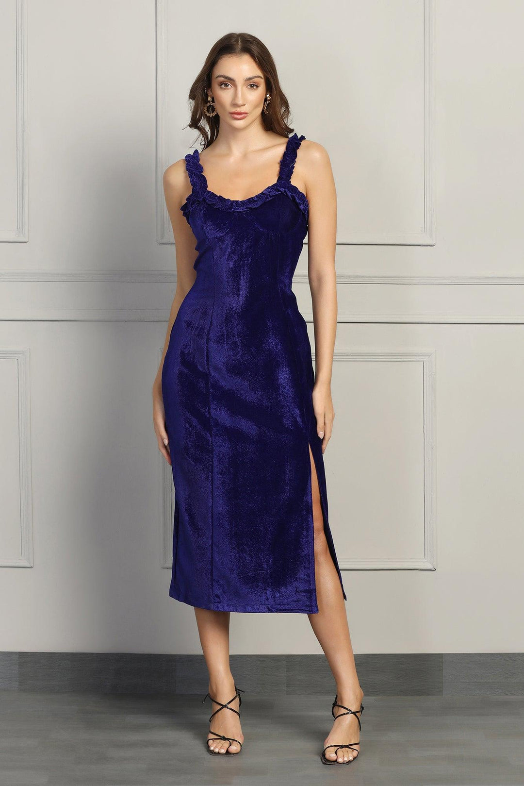 Women's Velvet Midi Bodycon Ruched Frill Party Dress in Royal Blue – Starin