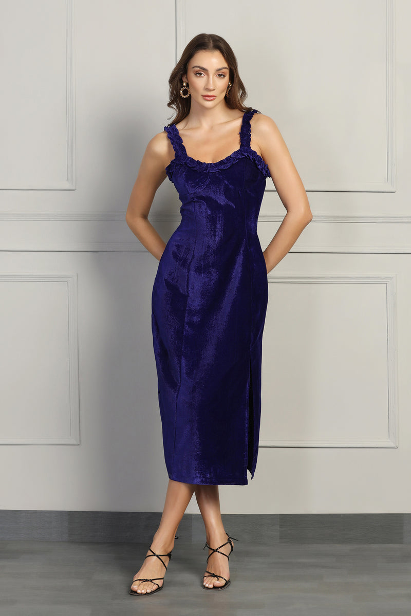 Velvet Frill Dress - Royal Blue - Starin