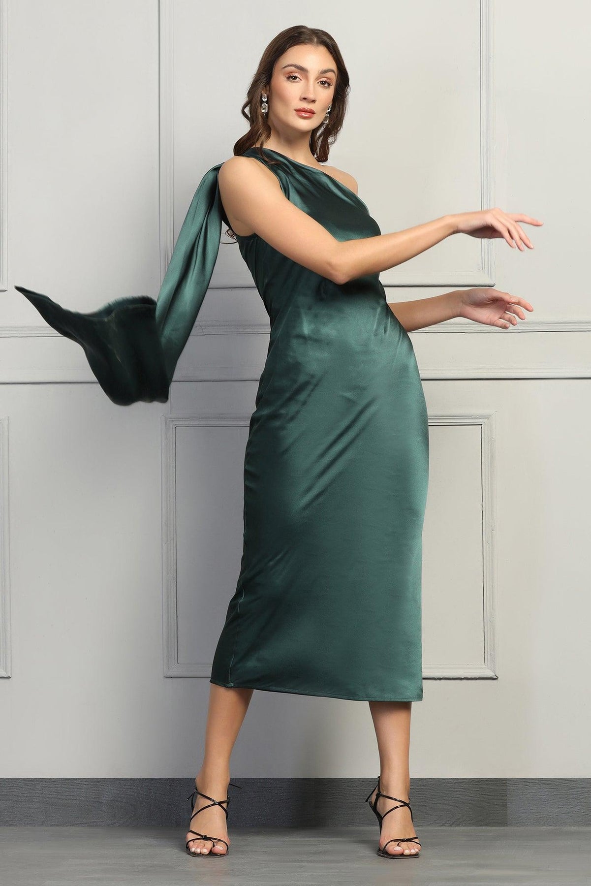 Dreamy Drapes Satin Dress - Forest Green - Starin
