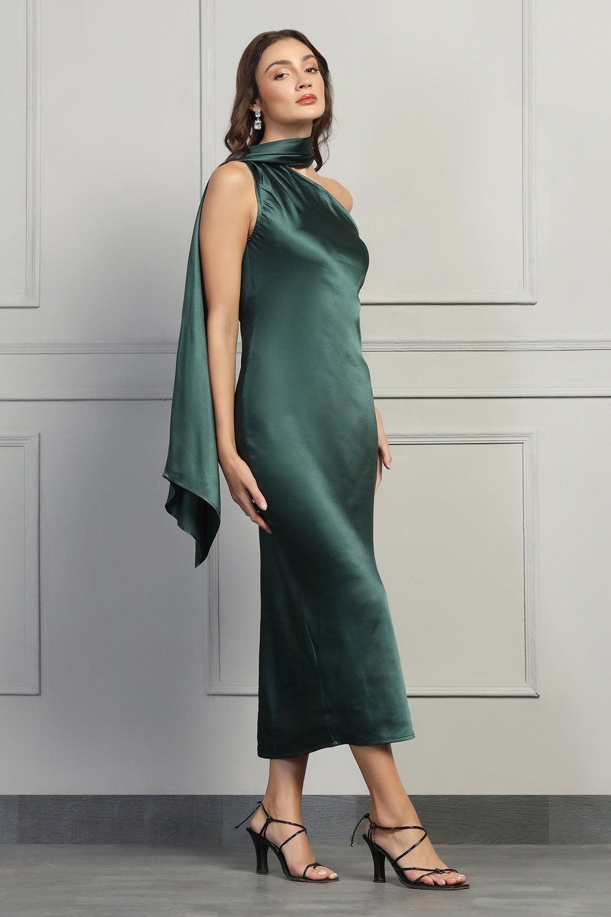Dreamy Drapes Satin Dress - Forest Green - Starin