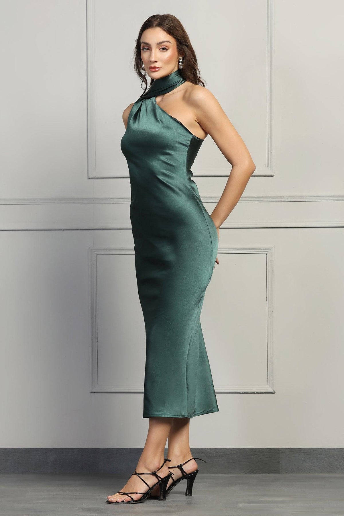 Dreamy Drapes Satin Dress - Forest Green - Starin