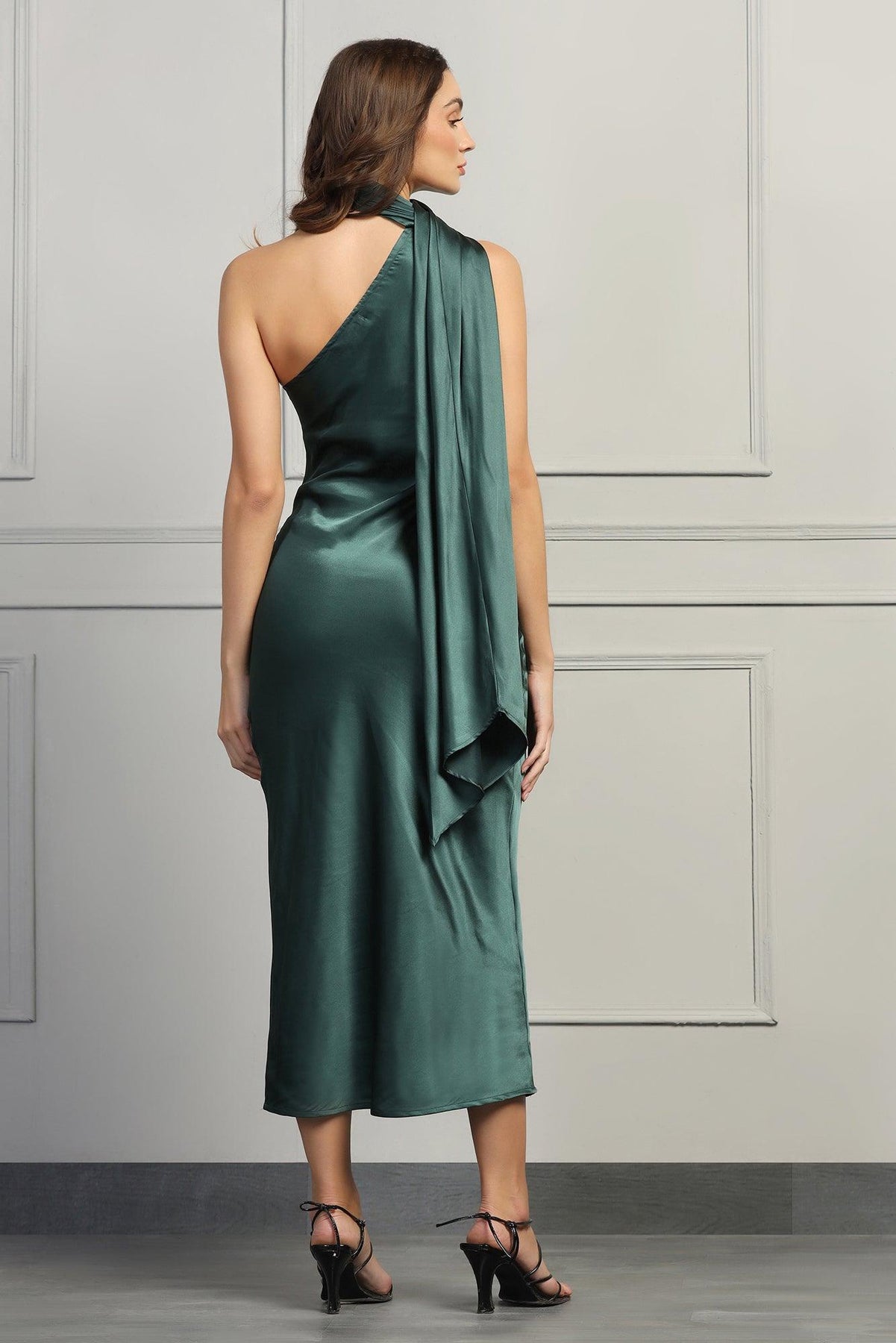 Dreamy Drapes Satin Dress - Forest Green - Starin
