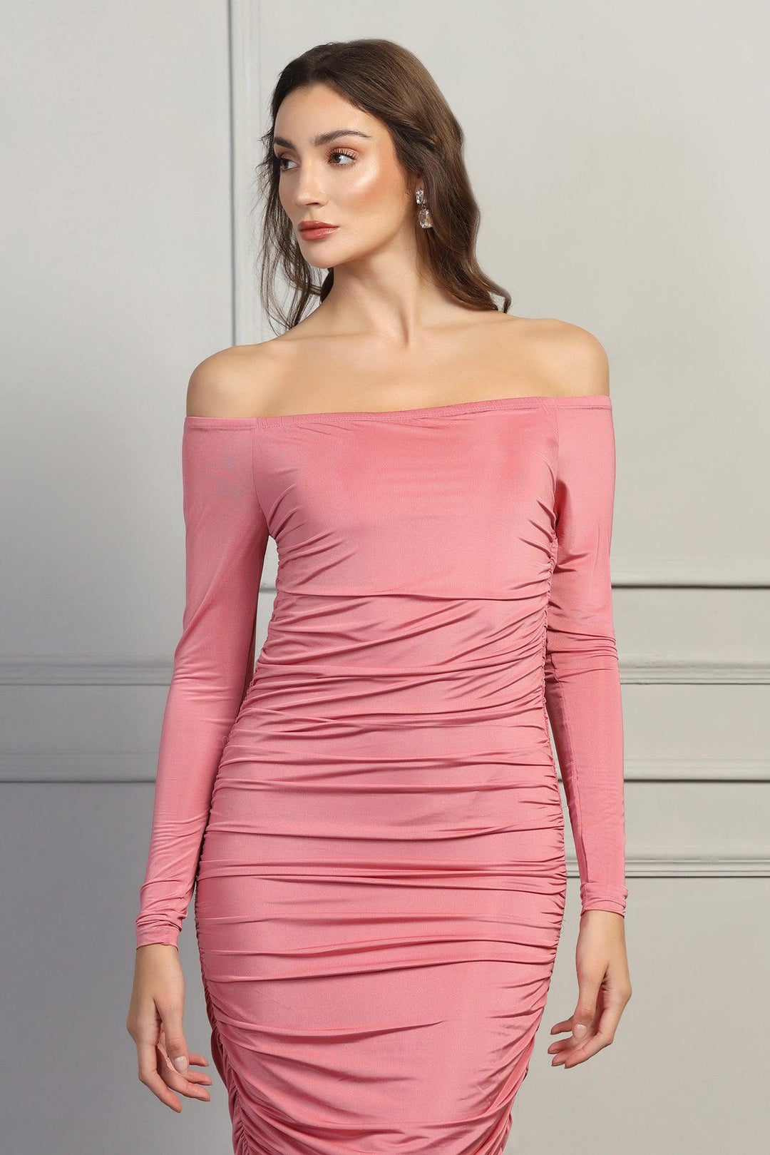strapless open back dress Chic Pink Full Sleeve Midi Bodycon Dress | Stretchable & Shiny