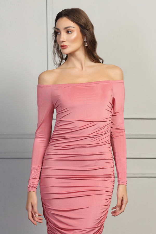 Crystal Ruched Bodycon Dress - Pink - Starin
