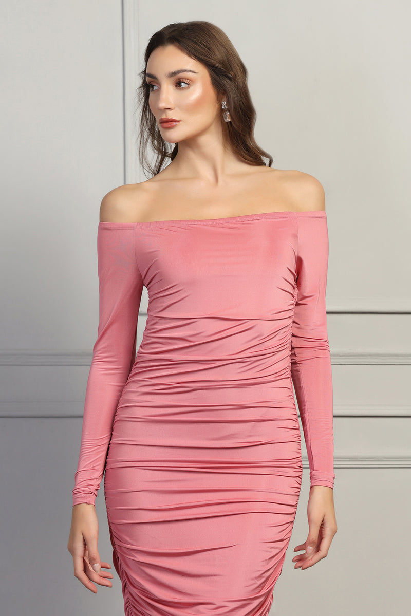 Crystal Ruched Bodycon Dress - Pink - Starin