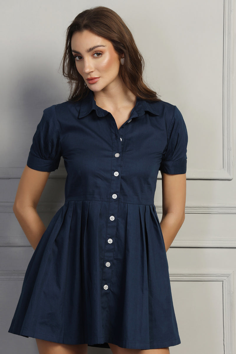 Flare Button-Up Mini Shirt Dress : Navy Blue - Starin