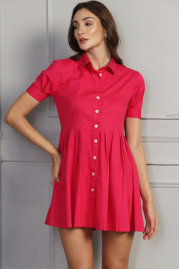 Flare Button-Up Mini Shirt Dress - Hot Pink - Starin