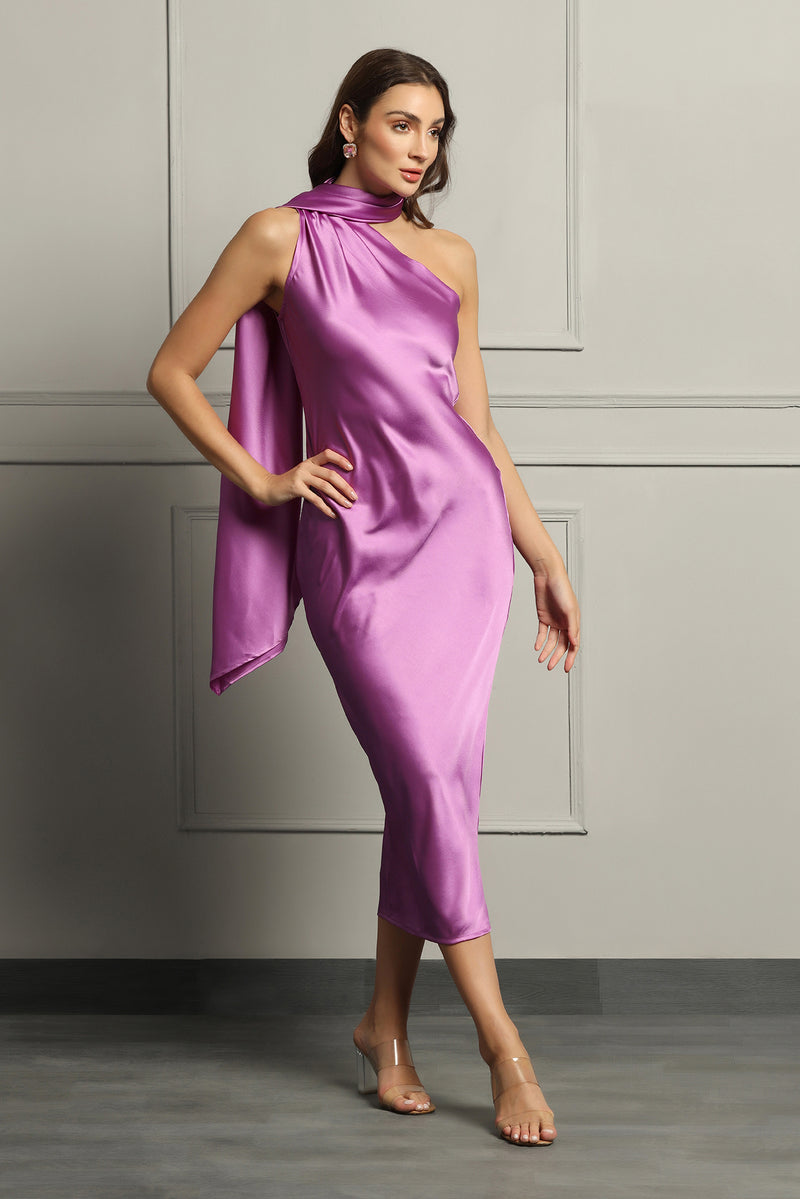 Dreamy Drapes Satin Dress - Purple - Starin