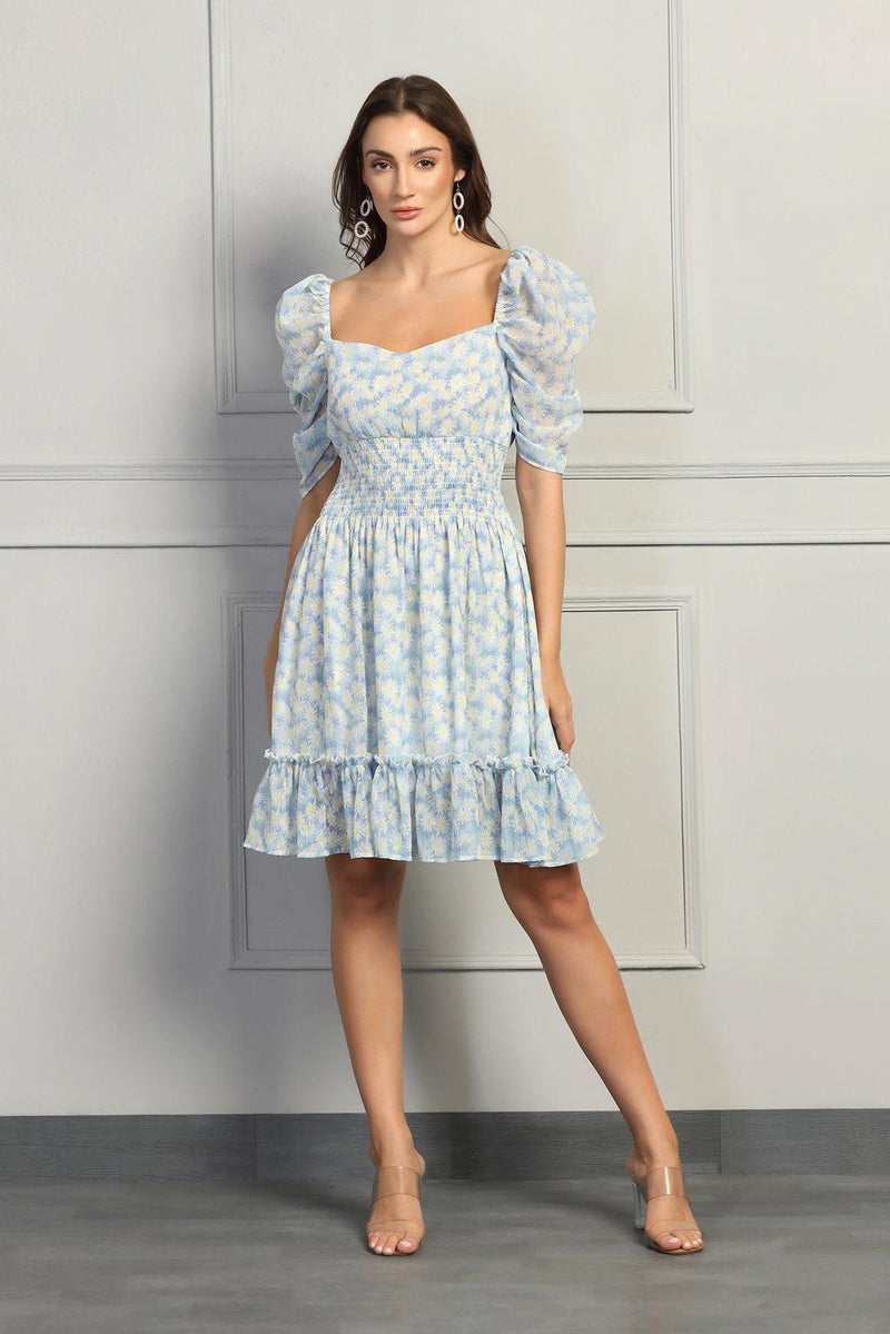 Blue Floral Sweetheart Puff Sleeve Dress