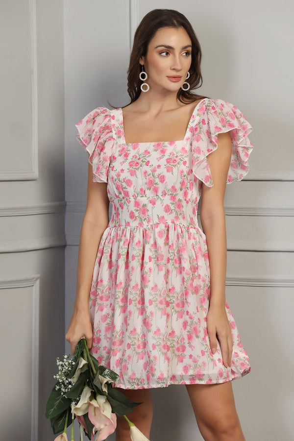 Pink Floral Flutter Sleeve Dress