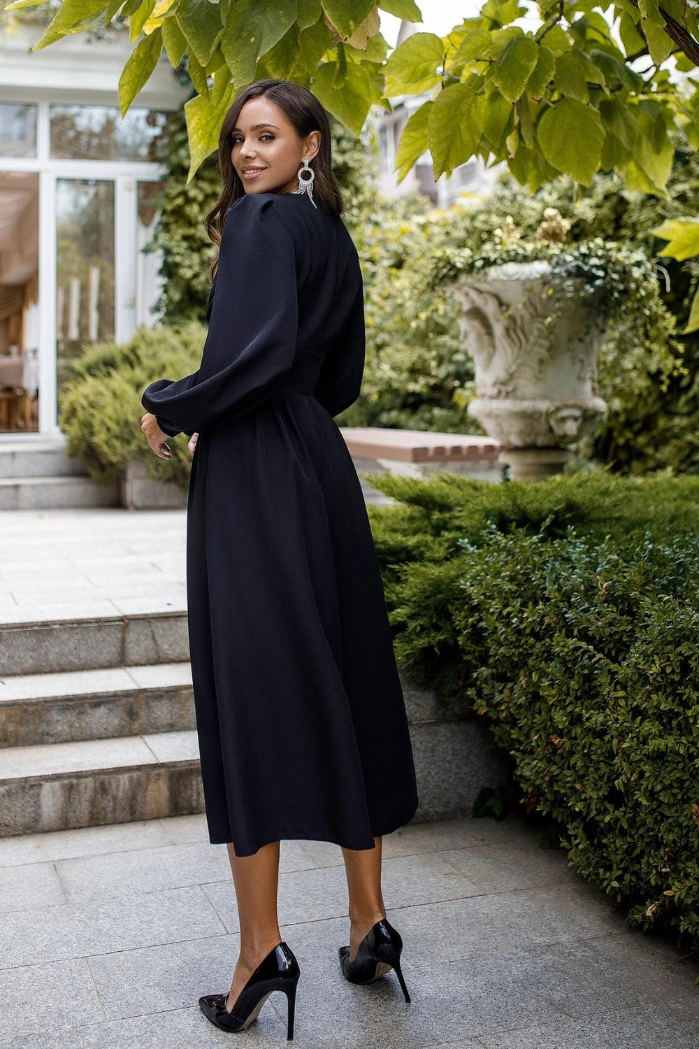 Estelle - Black V-Neck balloon Sleeve Dress – Starin