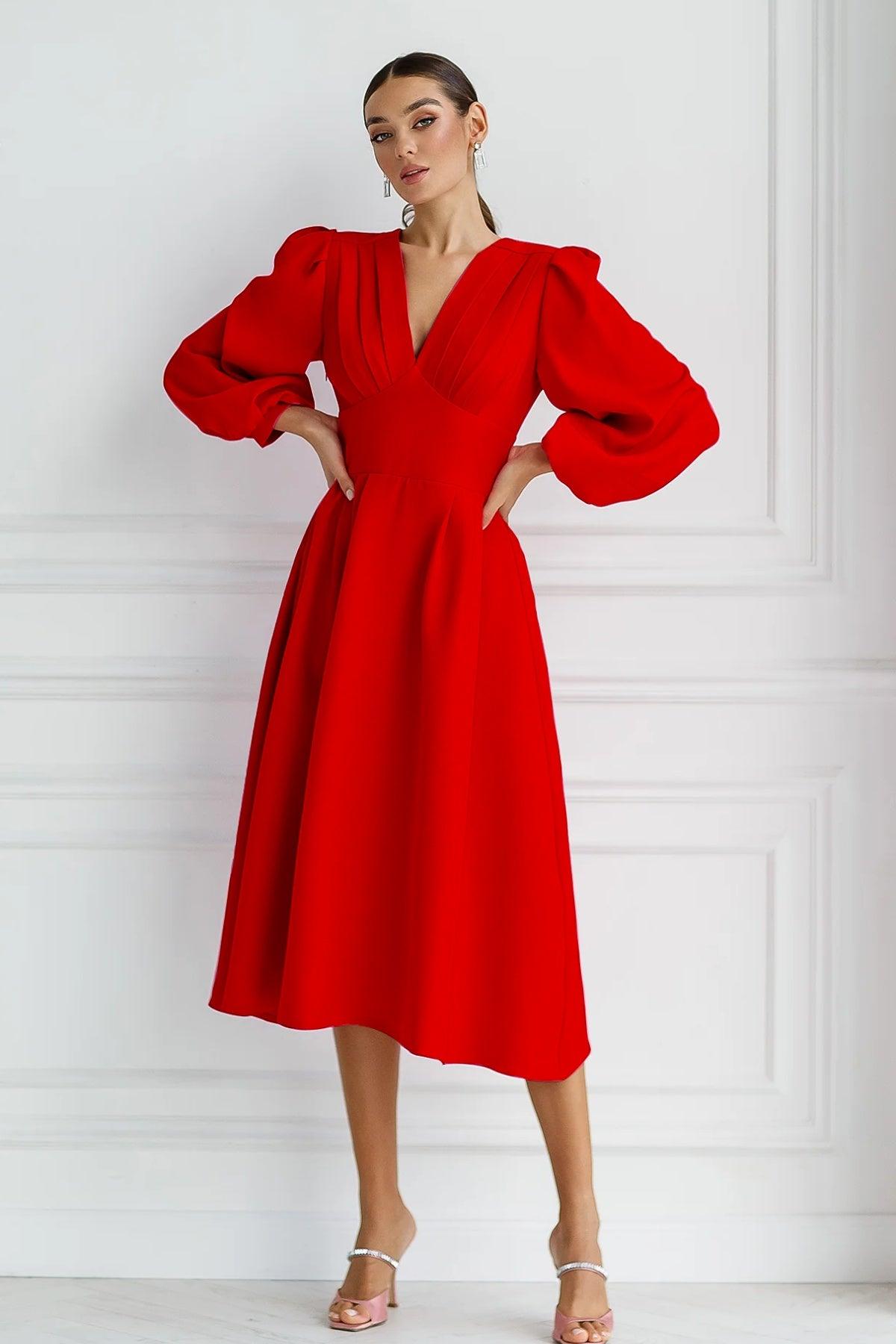 Estelle Red V-Neck balloon Sleeve Dress – Starin