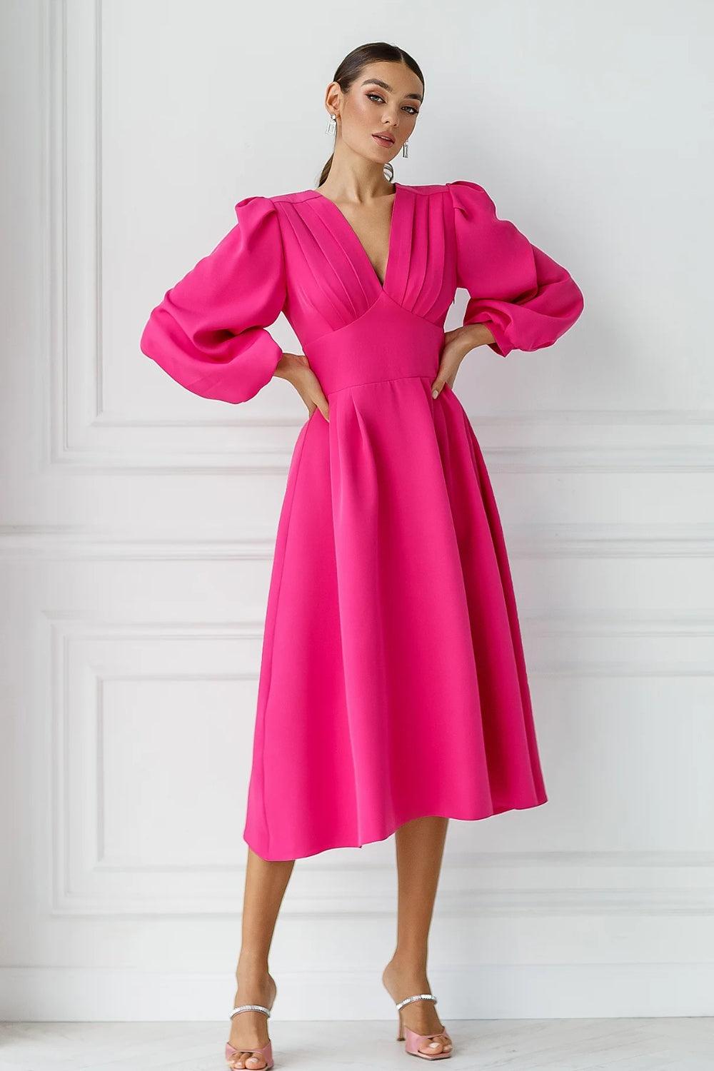 Pink Gown With Balloon Sleeves Estelle Hot Pink V-Neck Balloon
