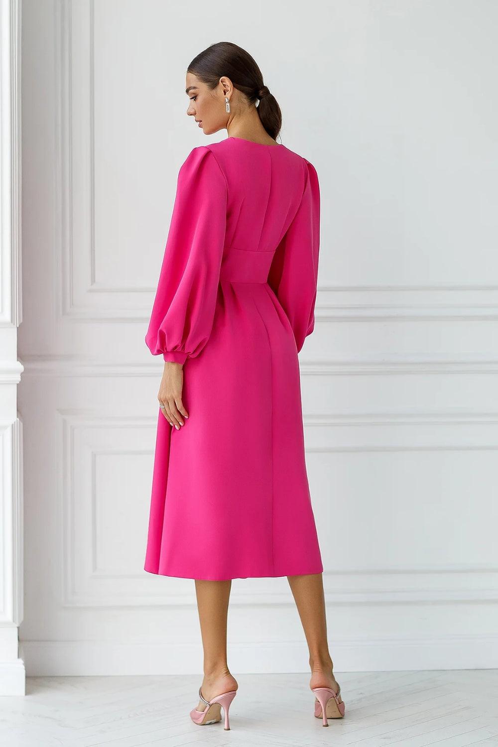 Estelle - Hot Pink V-Neck balloon Sleeve Dress  Starin
