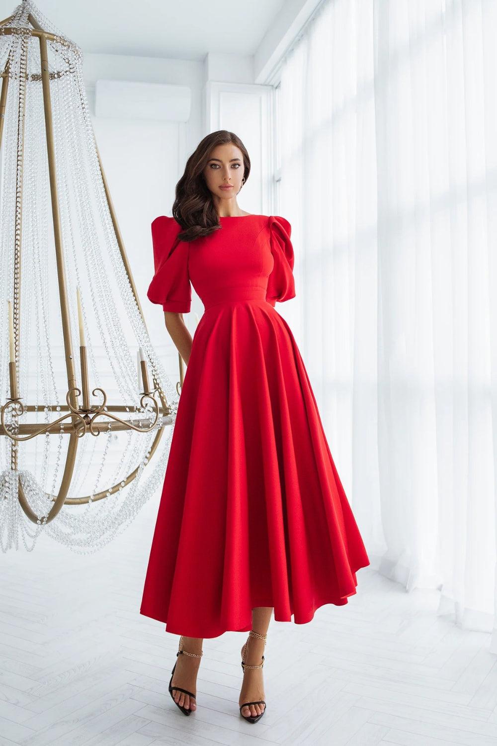 Vivienne - Puff Sleeve Backless Dress in Red Starin Vivienne - Puff Sleeve Backless Dress in Red Starin