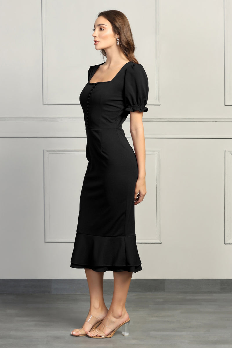 Black Puff Sleeves Dress with Button Detailing