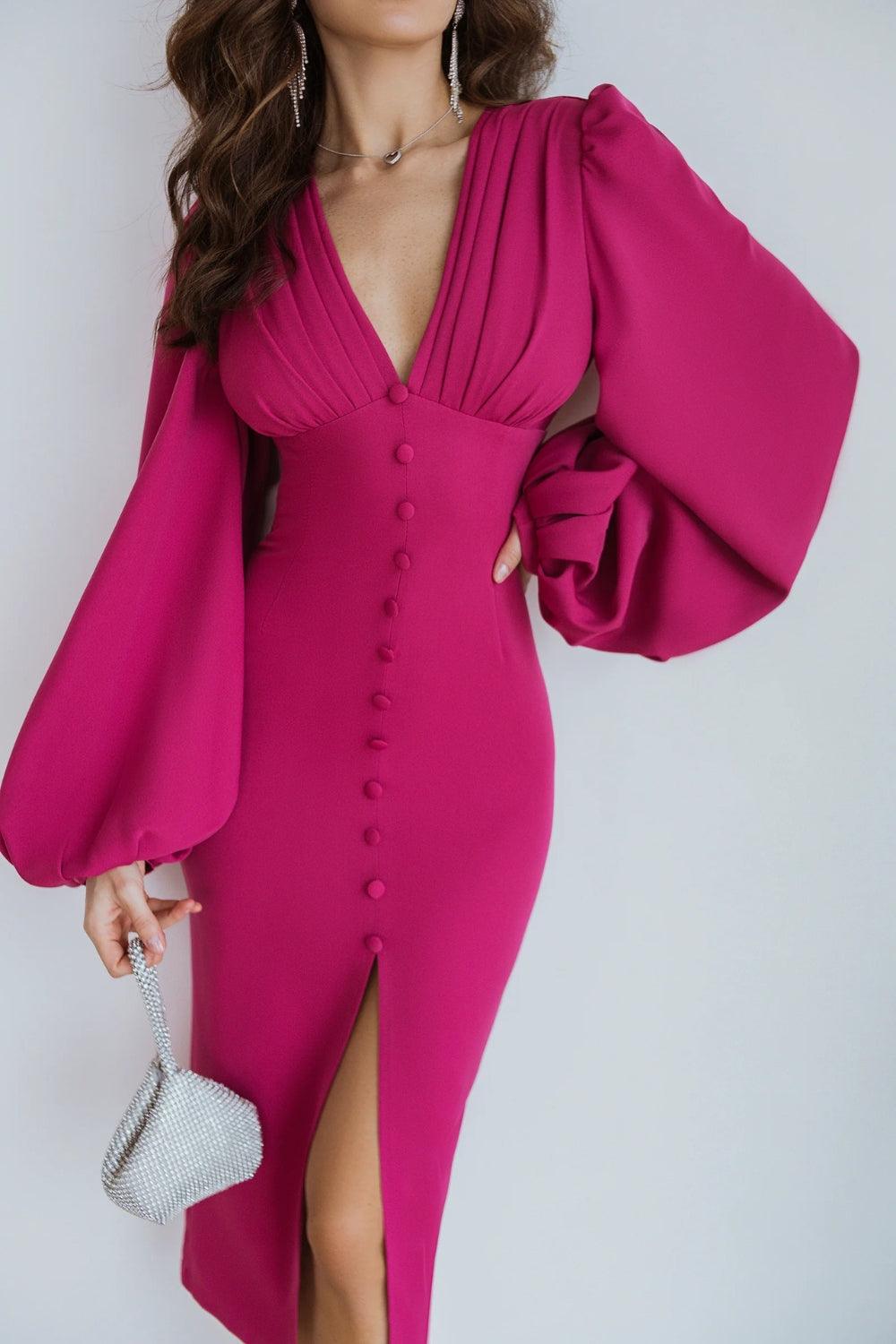 hot pink puff sleeve midi dress Love Story Midi Dress-Hot Pink