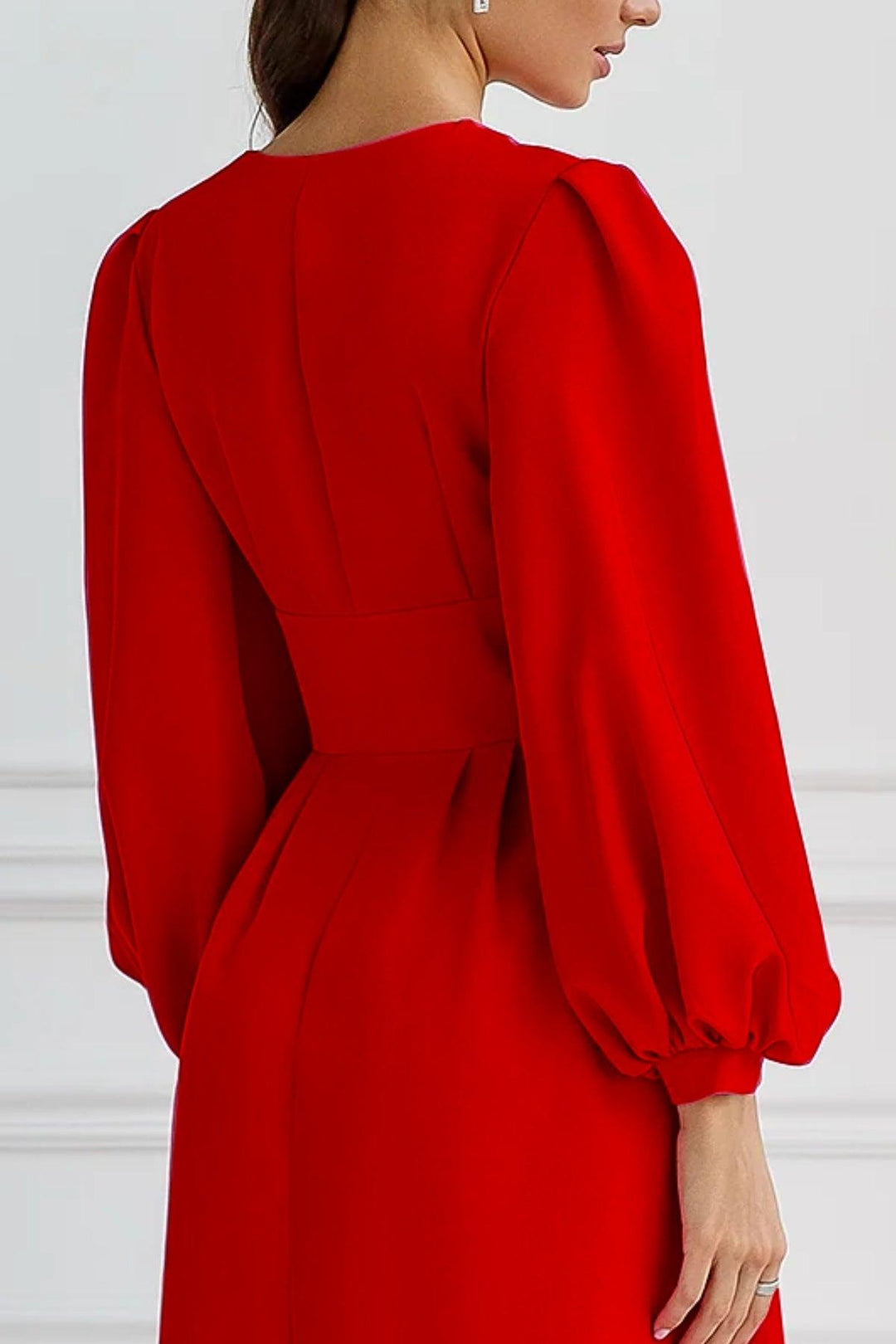 Estelle - Red V-Neck balloon Sleeve Dress  Starin