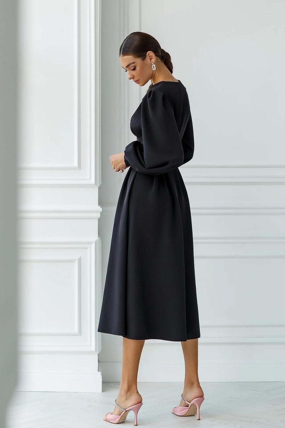 Estelle - Black V-Neck balloon Sleeve Dress – Starin