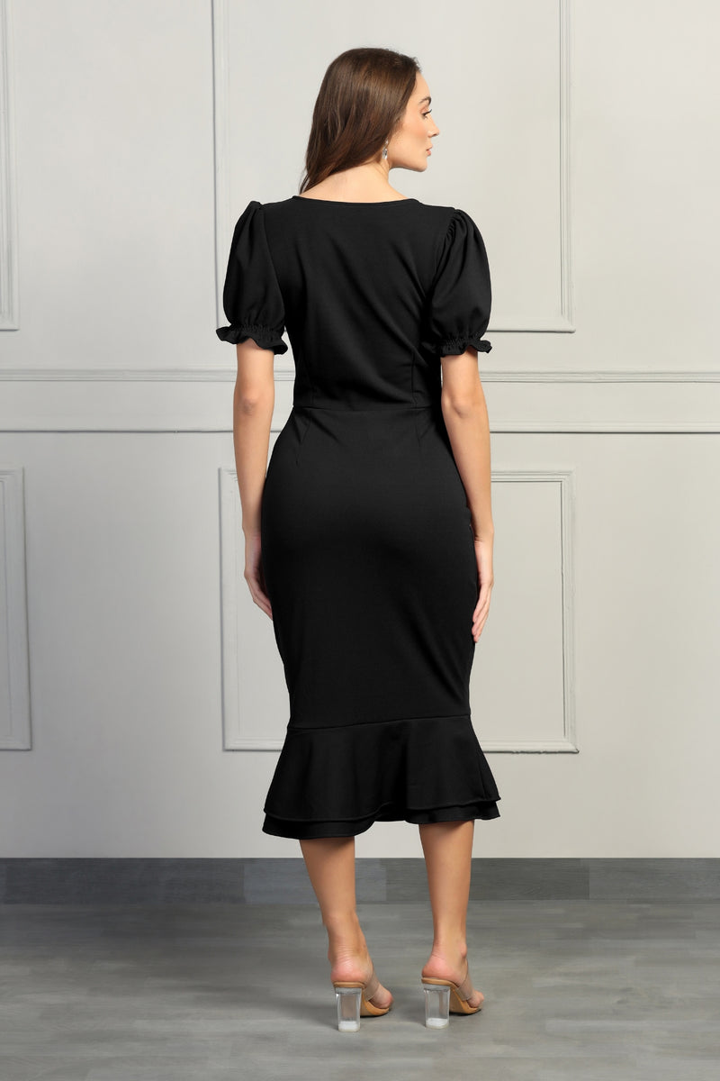 Black Puff Sleeves Dress with Button Detailing