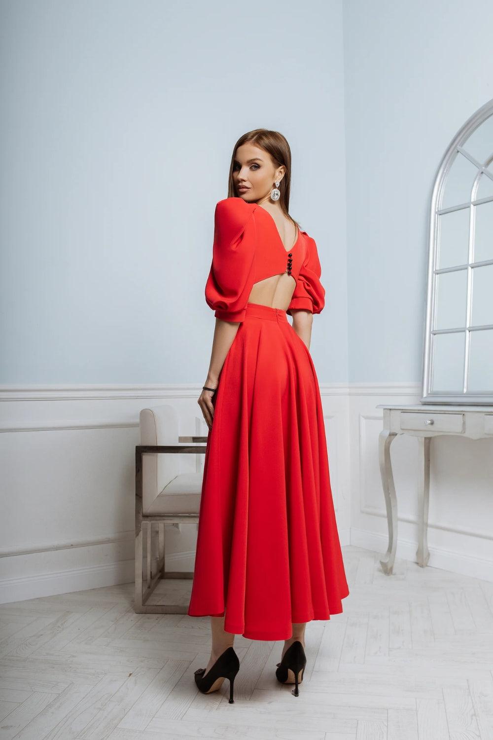 Vivienne - Puff Sleeve Backless Dress in Red  Starin
