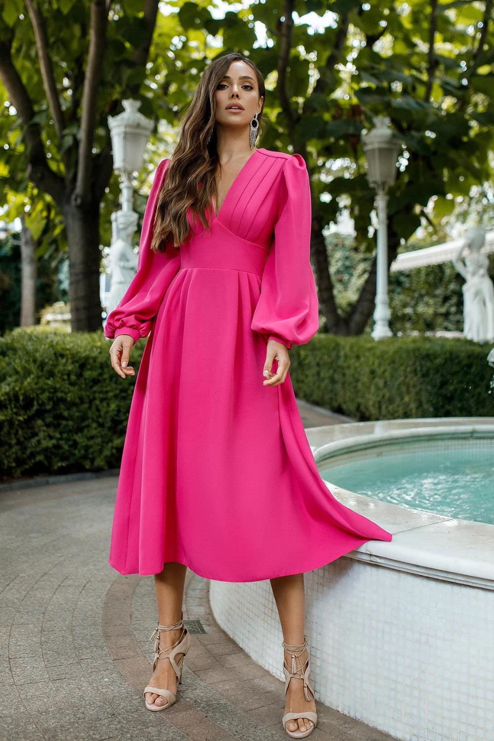 Pink Gown With Balloon Sleeves Estelle Hot Pink V-Neck Balloon