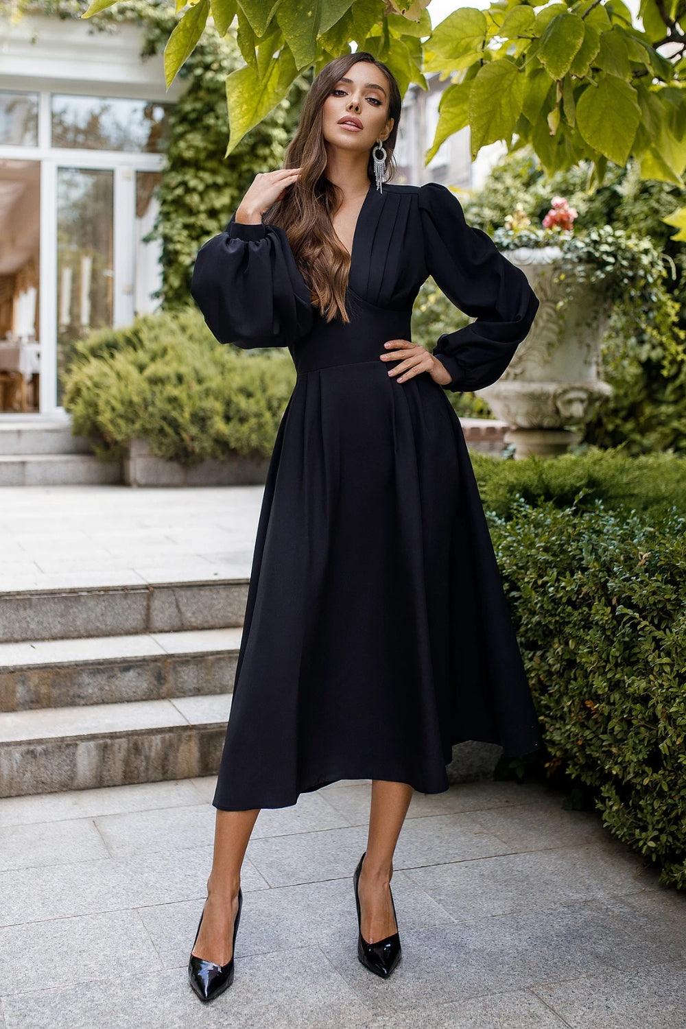 Estelle - Black V-Neck balloon Sleeve Dress – Starin