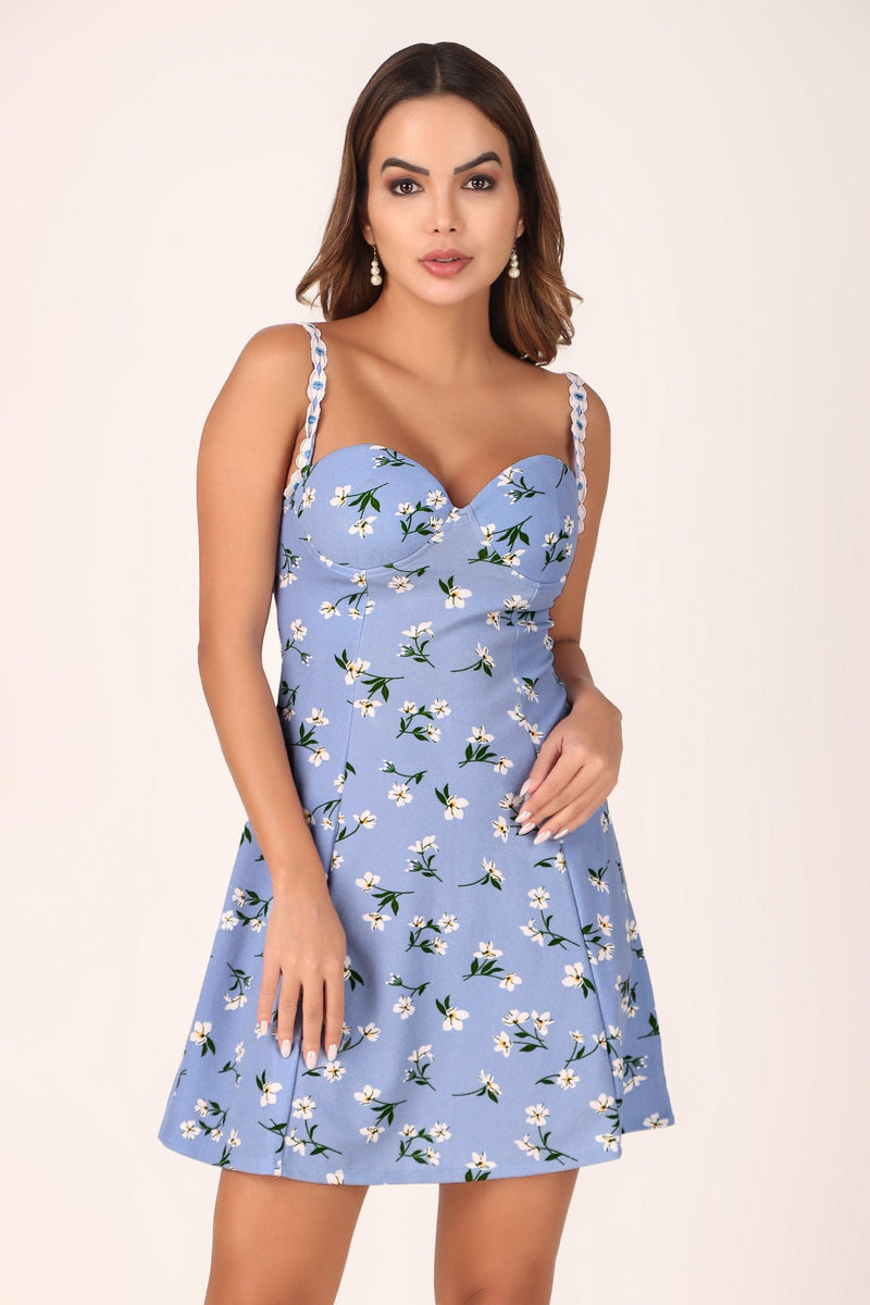 Floral Lace Cupped Dress - Blue - Starin