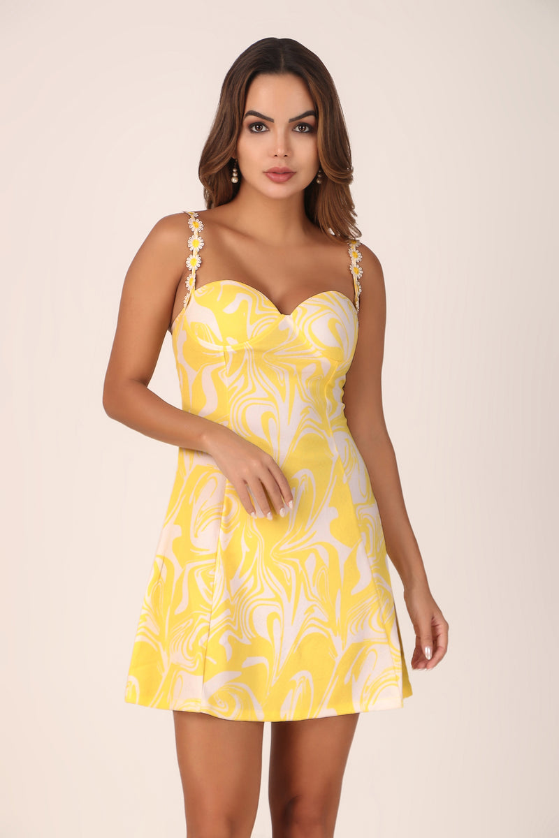 Floral Lace Cupped Dress - Yellow - Starin