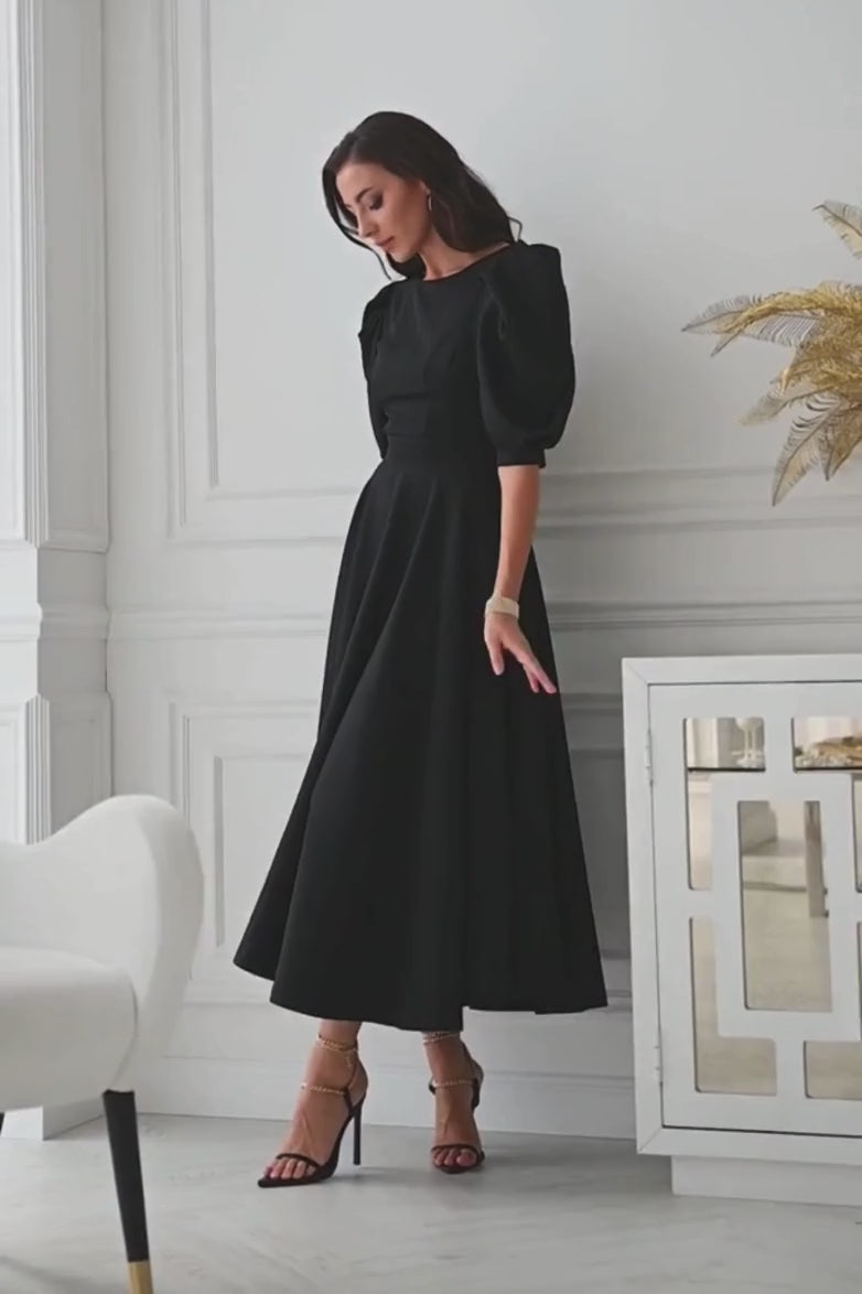 Vivienne - Puff Sleeve Backless Dress in Black  Starin