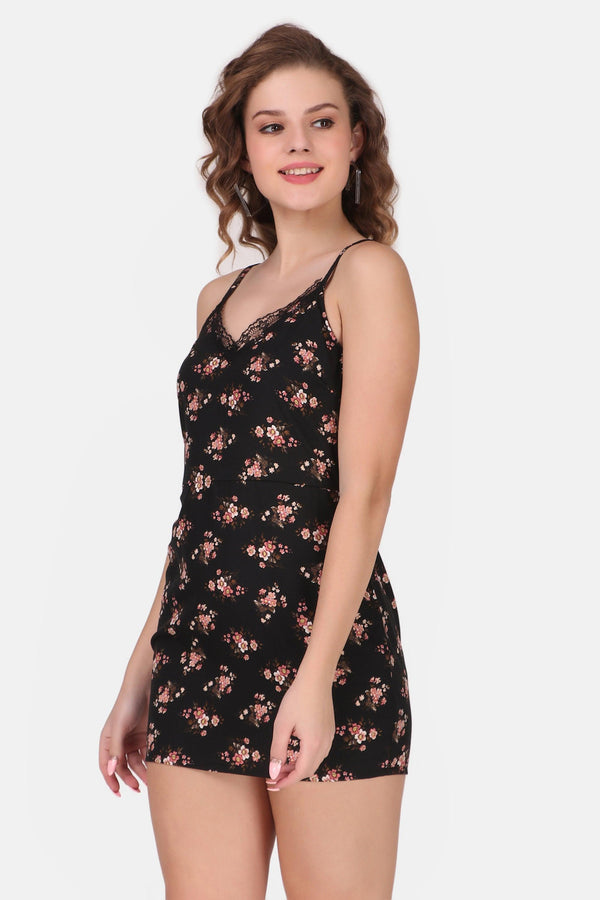 Floral Mini Dress - Black - Starin