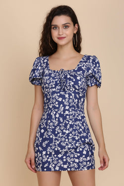 Puff Sleeved Blue Floral Dress - STARIN