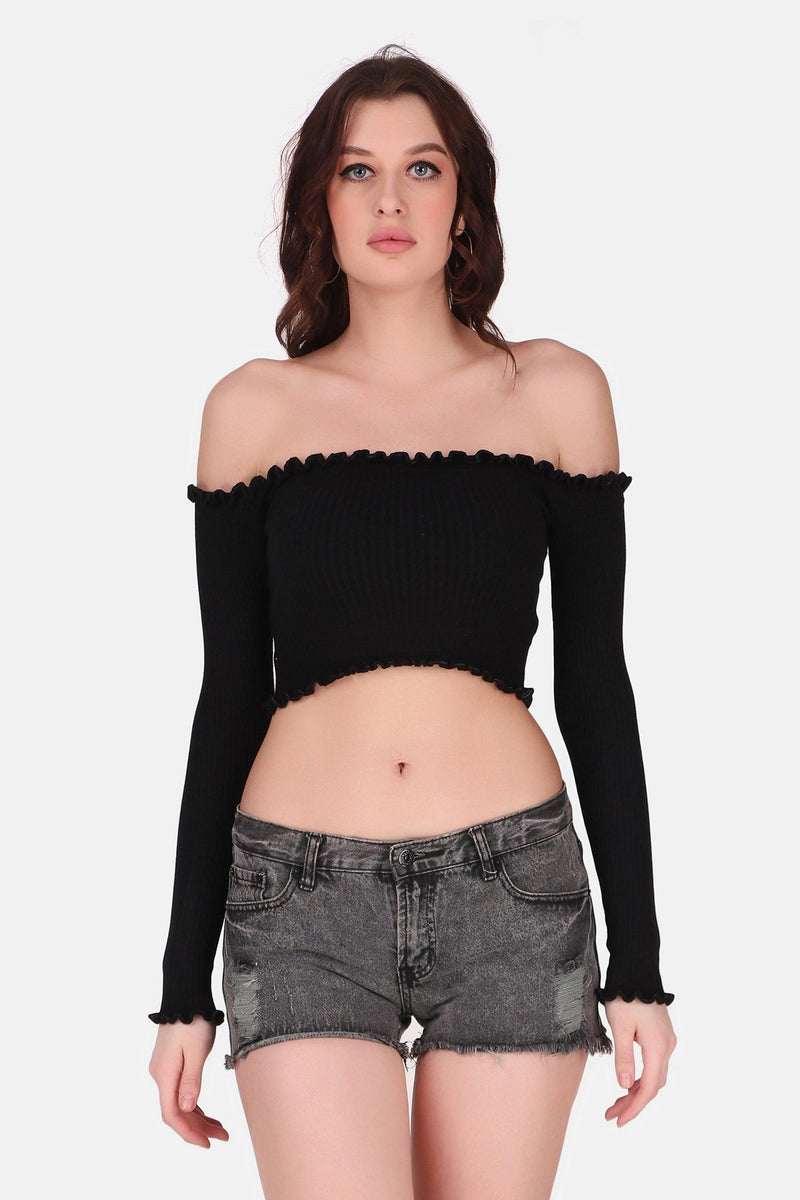 Off Shoulder Knit Top - Black - STARIN