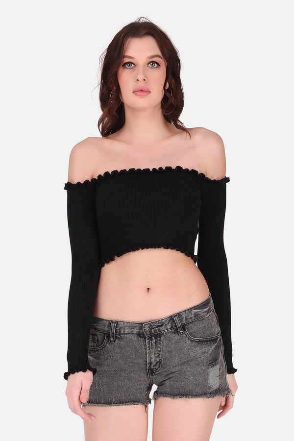 Off Shoulder Knit Top - Black - STARIN