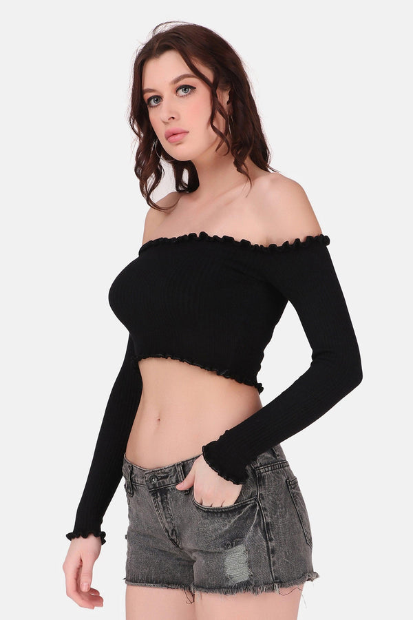 Off Shoulder Knit Top - Black - STARIN