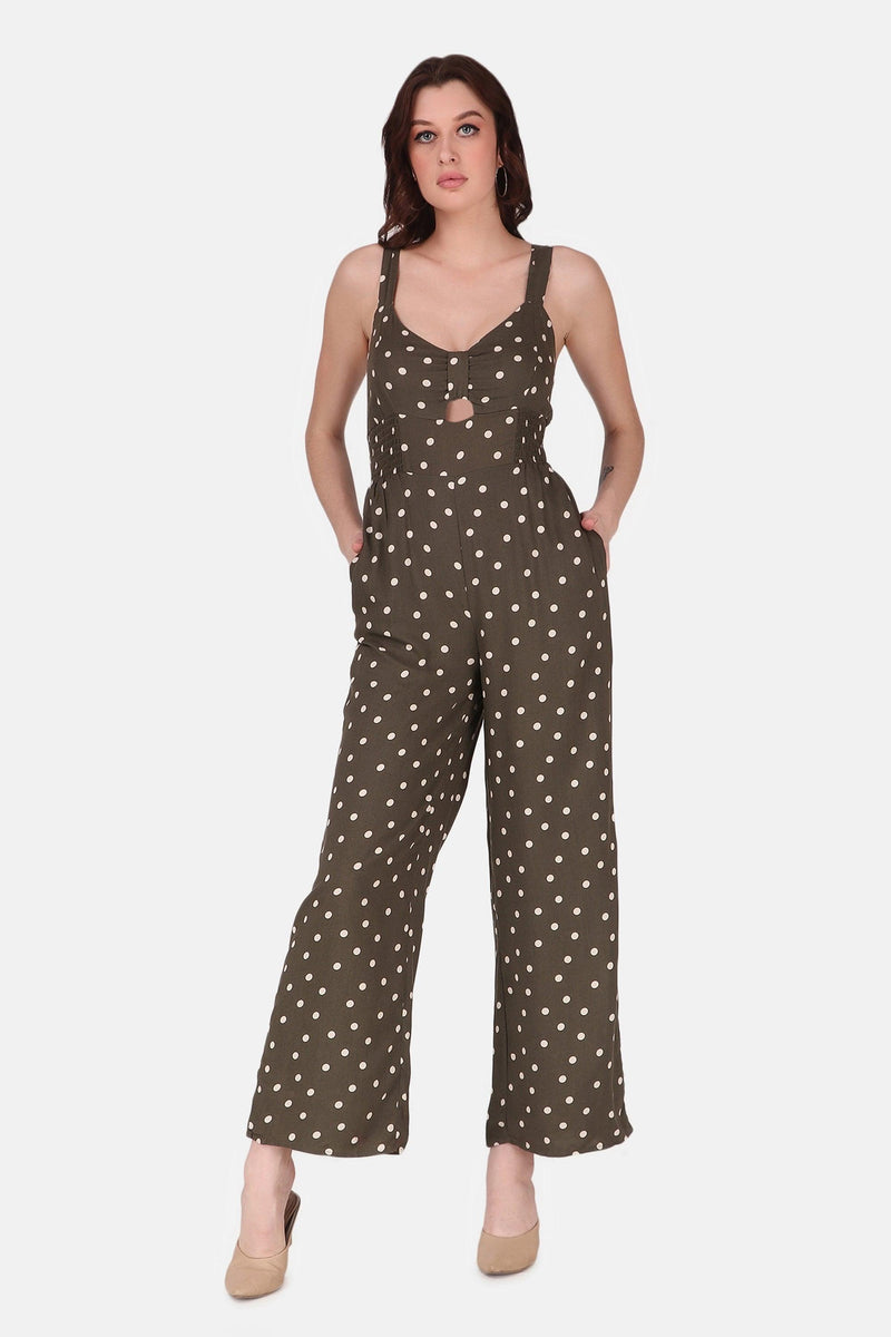 Polka Dot Jumpsuit - Olive Green - Starin.in