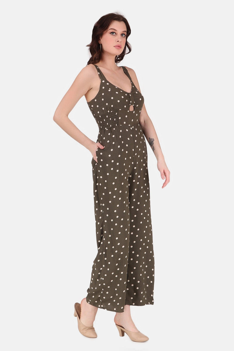 Polka Dot Jumpsuit - Olive Green - Starin.in