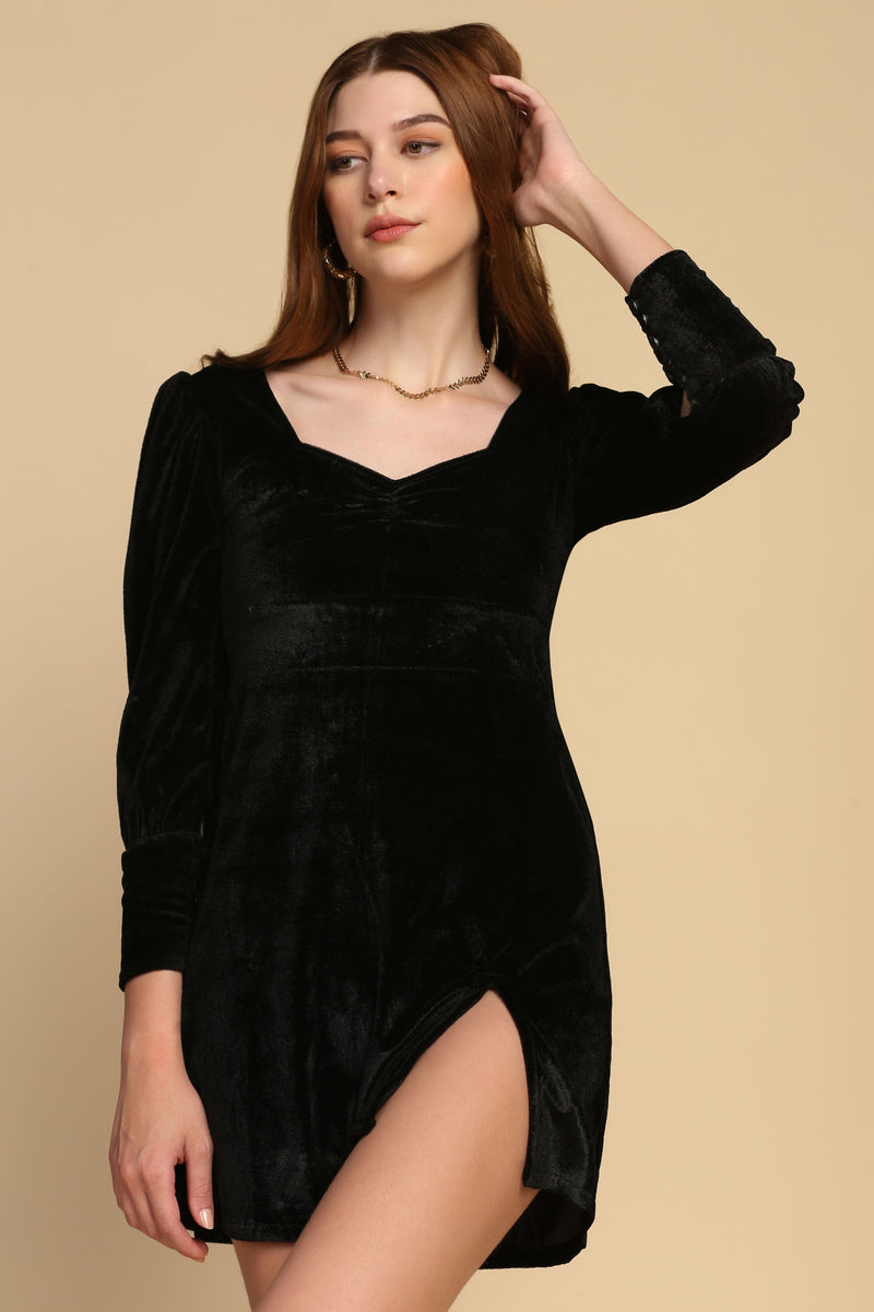 Black A-line Velvet Dress - STARIN