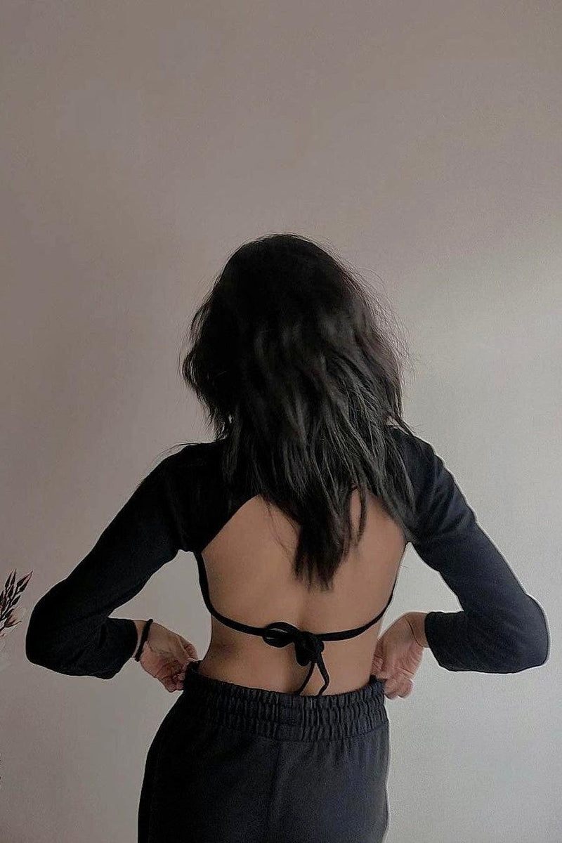 Black Backless Crop Top, Backless Long sleeve top, Sexy Crop Tops