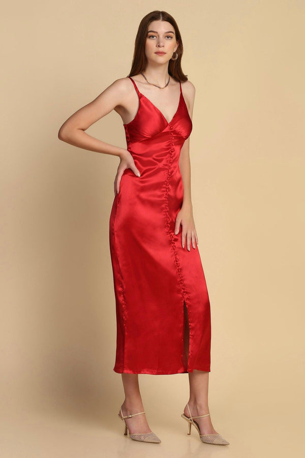 Buttoned Satin Dress - Red - Starin