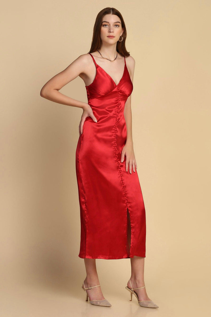 Buttoned Satin Dress - Red - STARIN