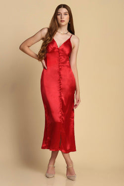 Buttoned Satin Dress - Red - STARIN